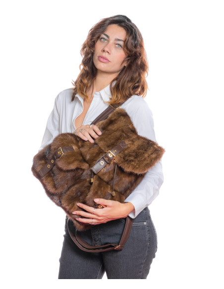 Brown mink skin women's backpack