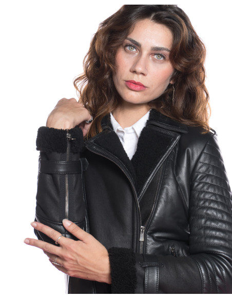Alaska - Bikerjacke Damen in echtem Lammfell Schwarz