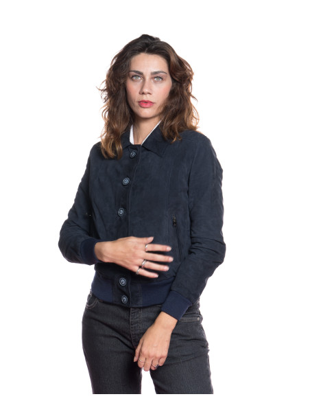 Paige - Women's Blue Bomber Jacket in Genuine Suede Leather