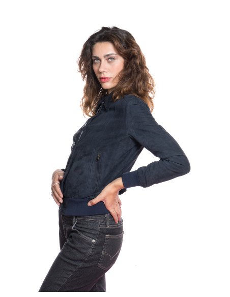 Paige - Women's Blue Bomber Jacket in Genuine Suede Leather