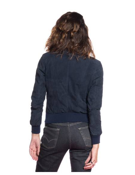 Paige - Women's Blue Bomber Jacket in Genuine Suede Leather
