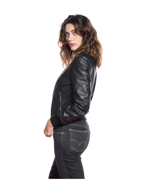 Terry Jacket in Genuine Black Leather - Women’s Bomber Jacket | Michelangelo Collections