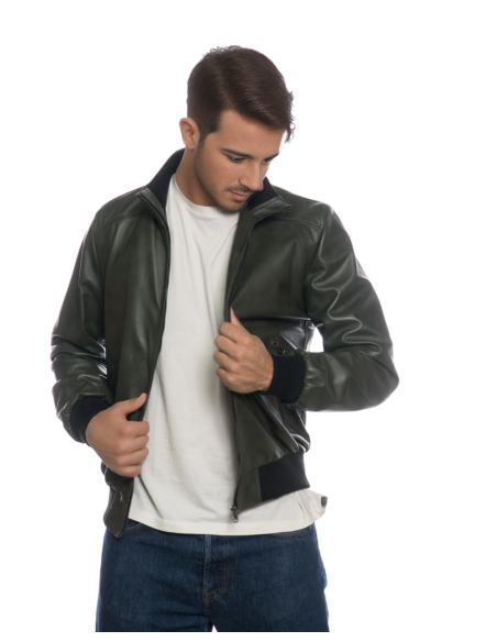 Green Leather Jacket for Men - Bomber Style with High Collar in Wool