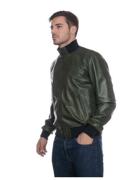 Green Leather Jacket for Men - Bomber Style with High Collar in Wool