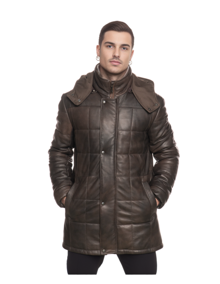 Marek - Men's Dark Brown Real Leather Down Jacket