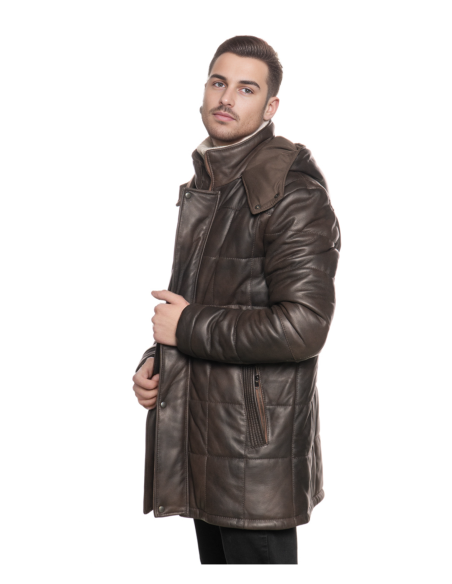 Marek - Men's Dark Brown Real Leather Down Jacket