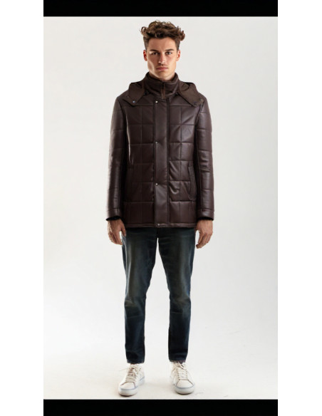 Marek - Men's Dark Brown Real Leather Down Jacket