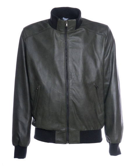 Green Leather Jacket for Men - Bomber Style with High Collar in Wool 2