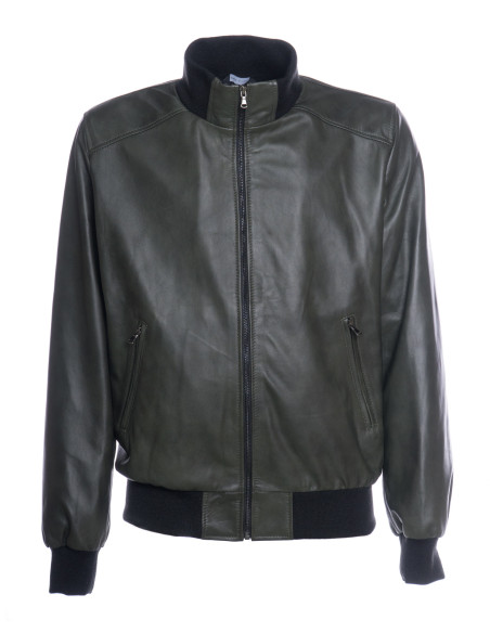Green Leather Jacket for Men - Bomber Style with High Collar in Wool