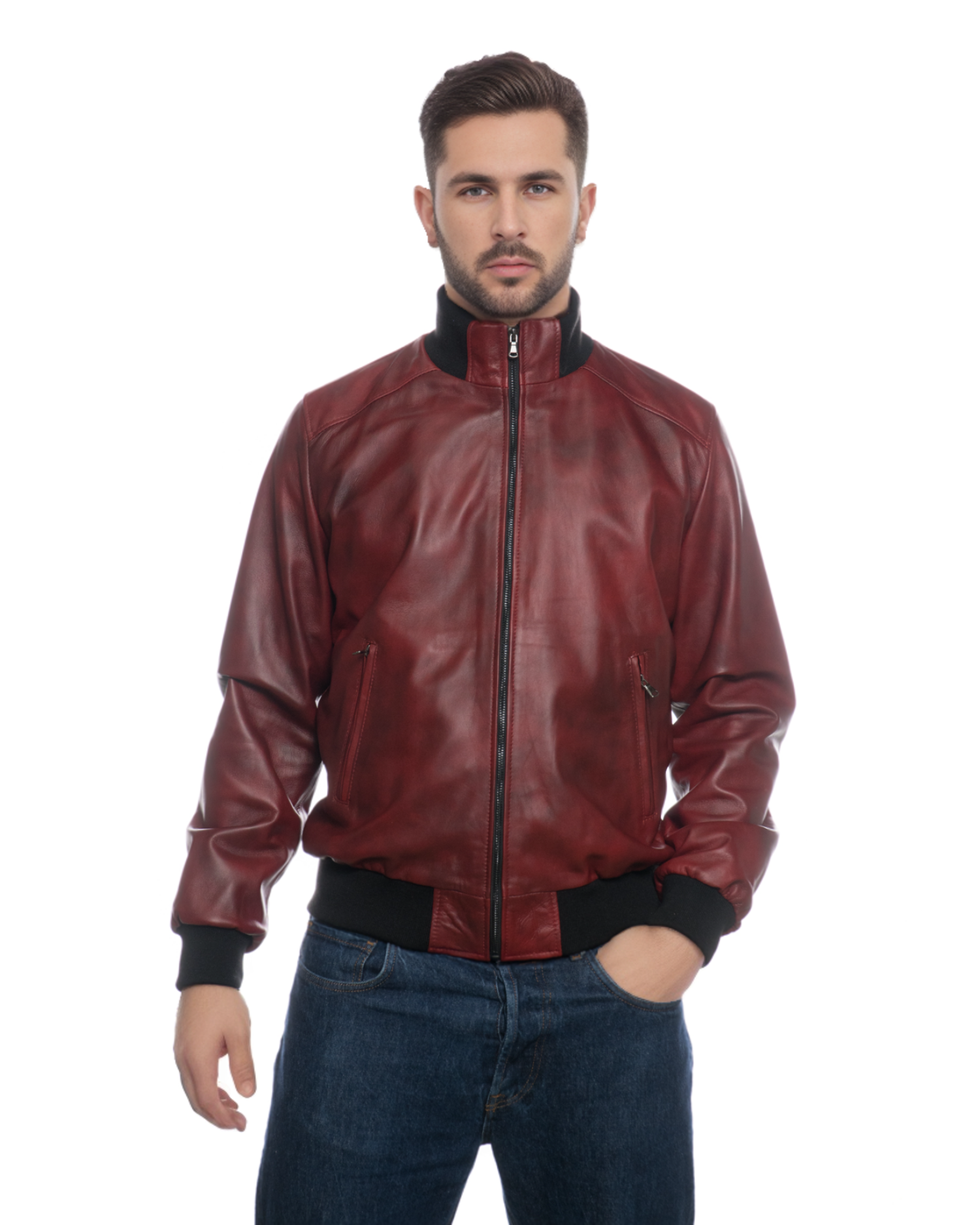 Herren-Jacke mit hohem Kragen aus echtem Leder Made in Italy