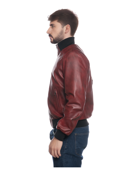 Jacket Style Bomber Man with High Collar in Wool in real leather Made in Italy