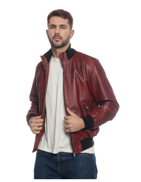 Jacket Style Bomber Man with High Collar in Wool in real leather Made in Italy